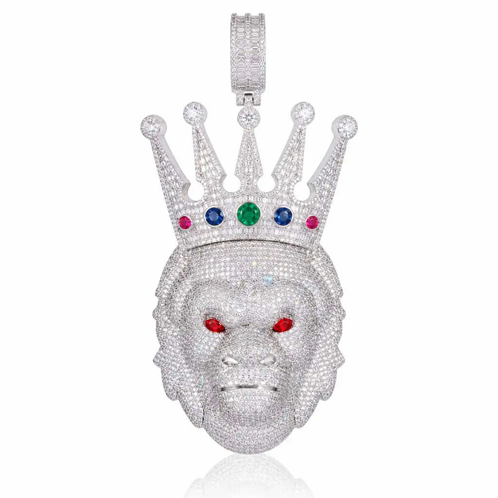 Iced Out Crown Gorilla Head Pendant - White Gold
