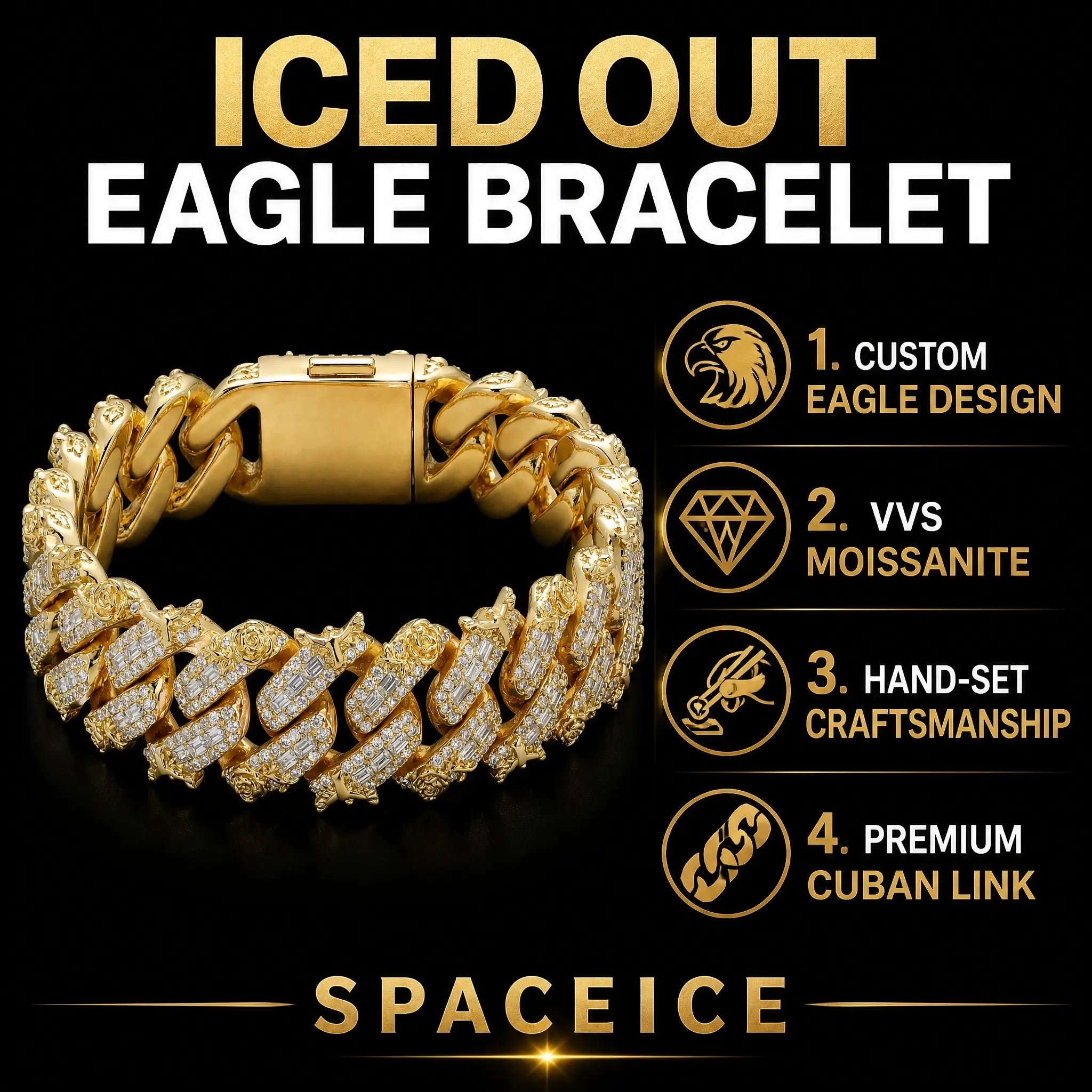 Iced Out Moissanite Eagle Cuban Link Bracelet - info