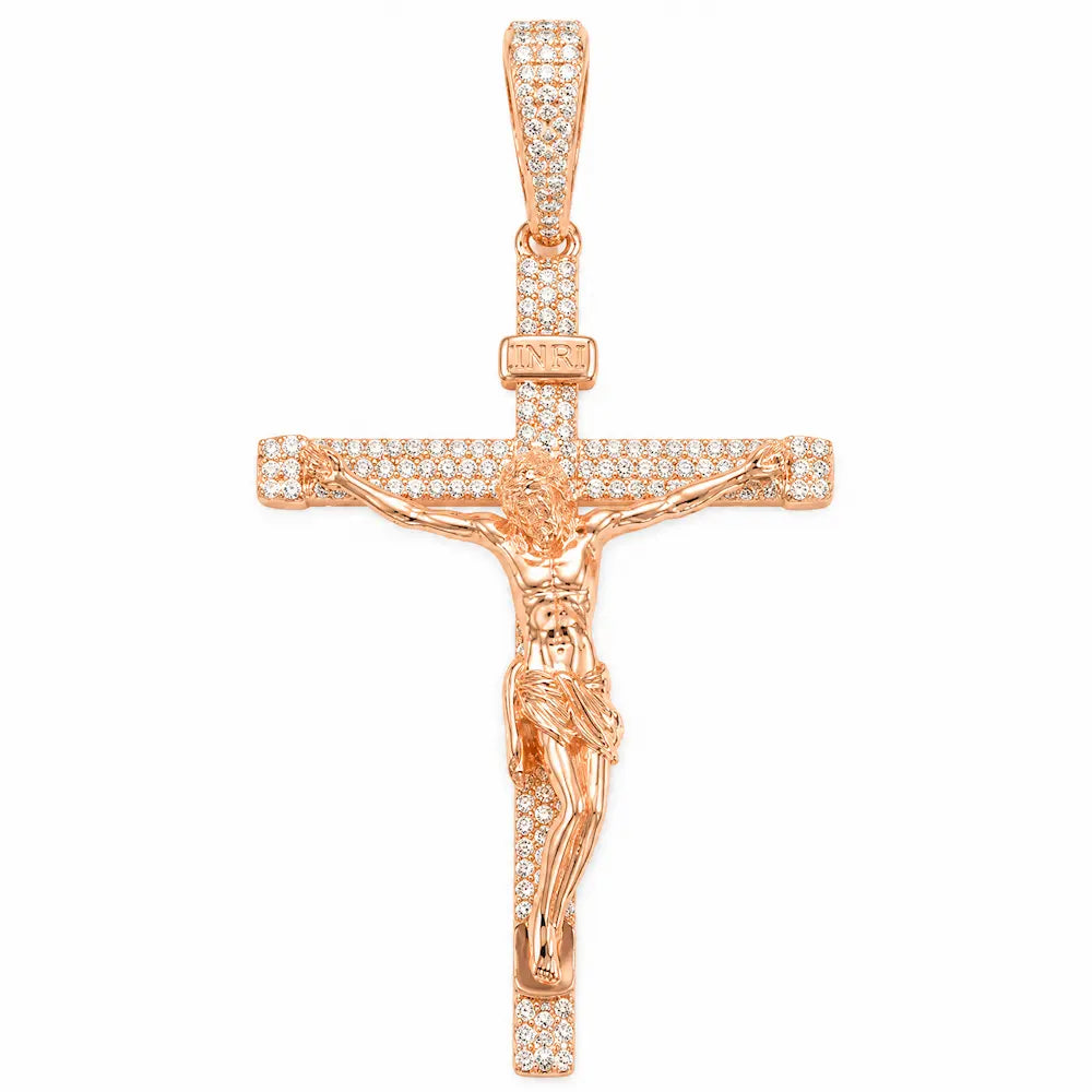 SPACEICE moissanite iced-out INRI Jesus crucifix pendant in rose gold