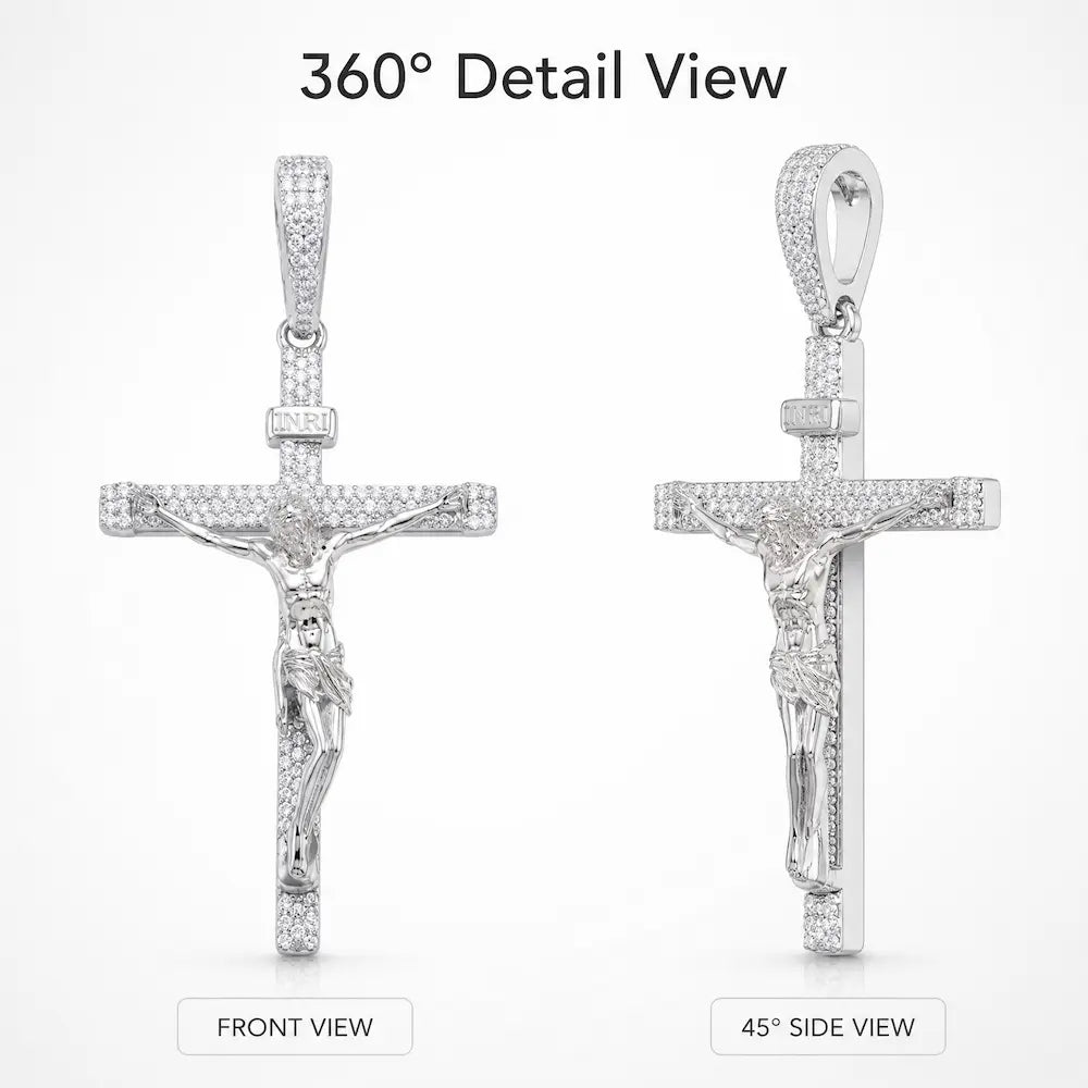 SPACEICE Fully Paved Moissanite Jesus Cross Pendant (Front & Side Views)