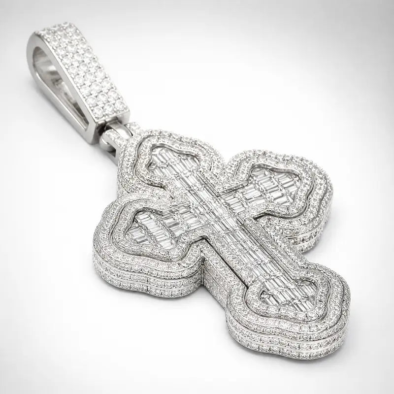 40mm baguette moissanite cross pendant with iced out religious design and gold-plated finish - Side view