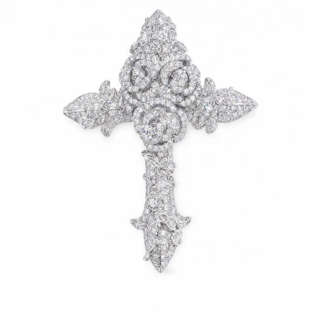 Moissanite iced out rose cross pendant with silver-plated floral detailing and compact men's religious hip hop style - Platinum