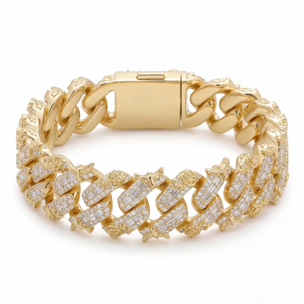 Iced Out Eagle Cuban Link Bracelet in Yellow Gold with flooded CZ stones and oversized Cuban links
