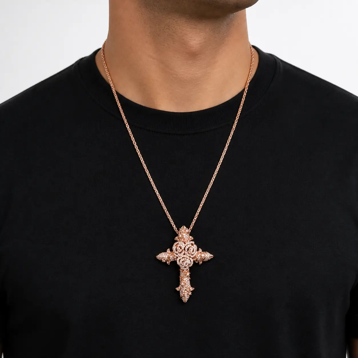 SPACEICE Moissanite Iced Out Rose Cross Pendant,Silver Plated Floral Cross Charm, Hip Hop Bling Religious Necklace Pendant for Men