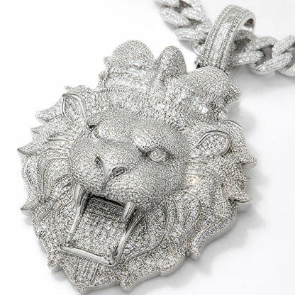 Silver iced out lion head pendant with Genuine Moissanite