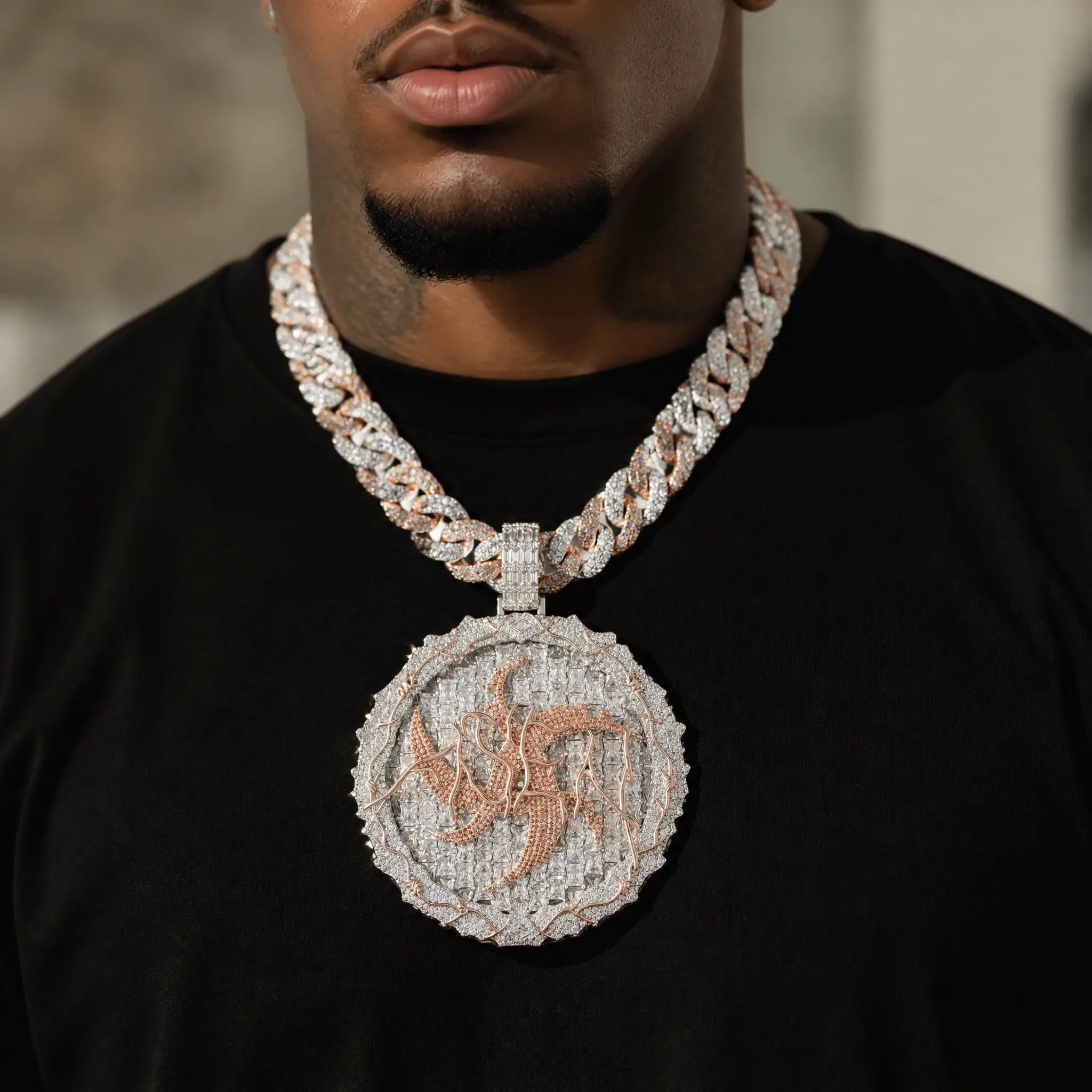 60MM Iced Out Two-Tone Dragon Pendant – Hand-Set CZ Hip Hop Dragon Necklace for Men & Women