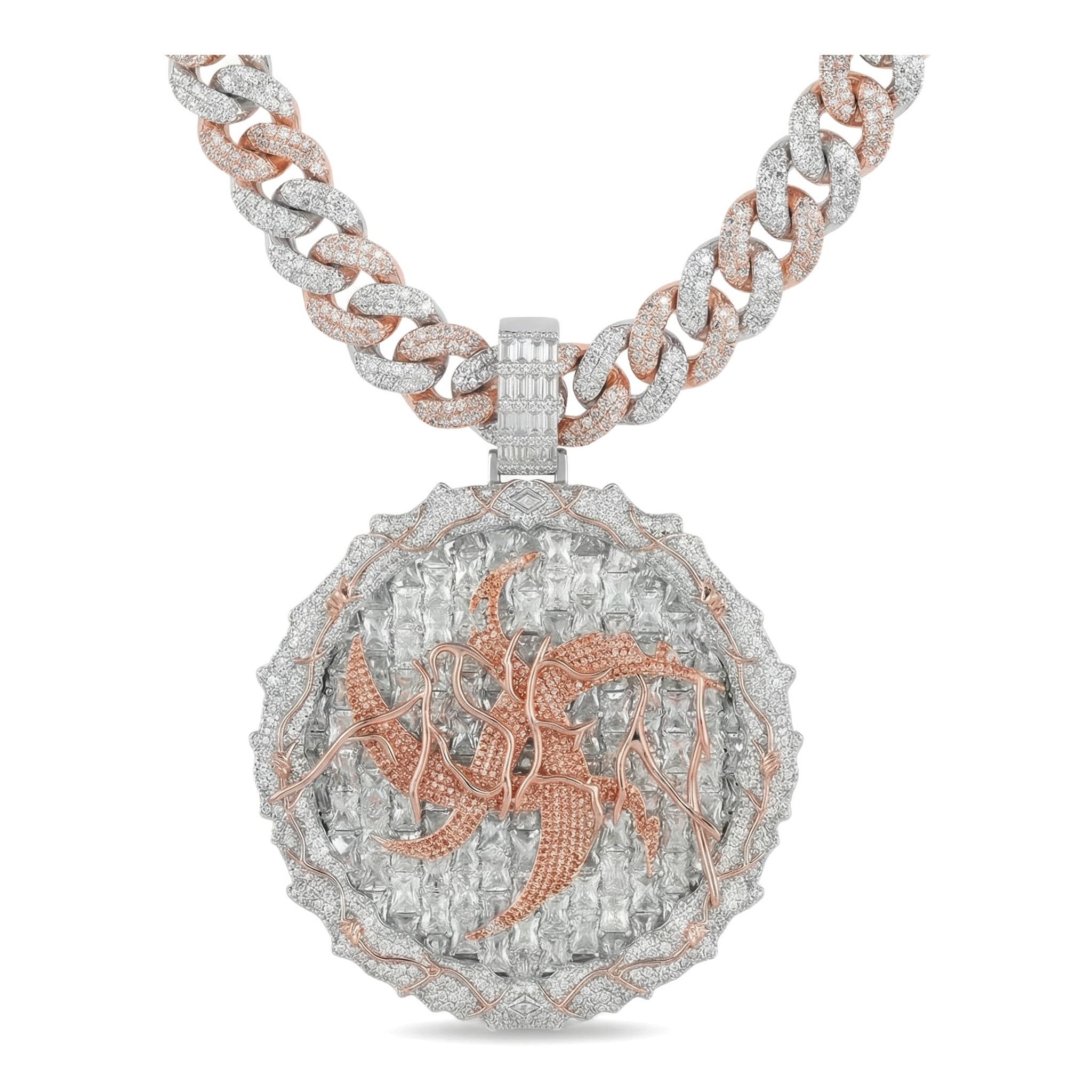 60MM iced out two-tone dragon pendant with Cuban link chain