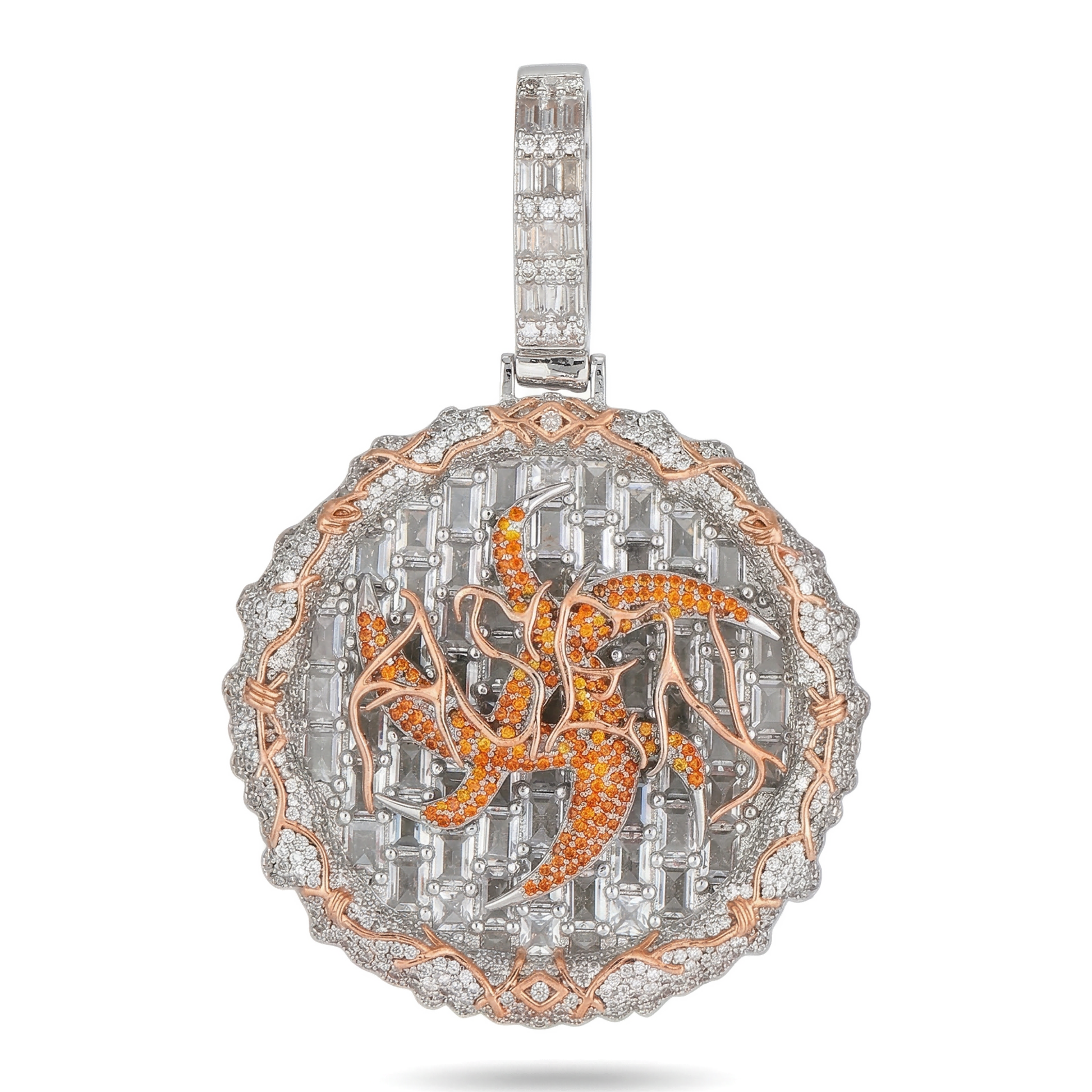 Front view of 60MM iced out two-tone dragon pendant