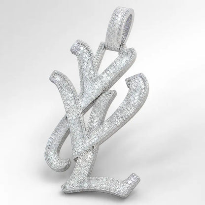 Iced out baguette YVL pendant with moissanite or CZ stones, prong settings, and hip hop style finish - Side view