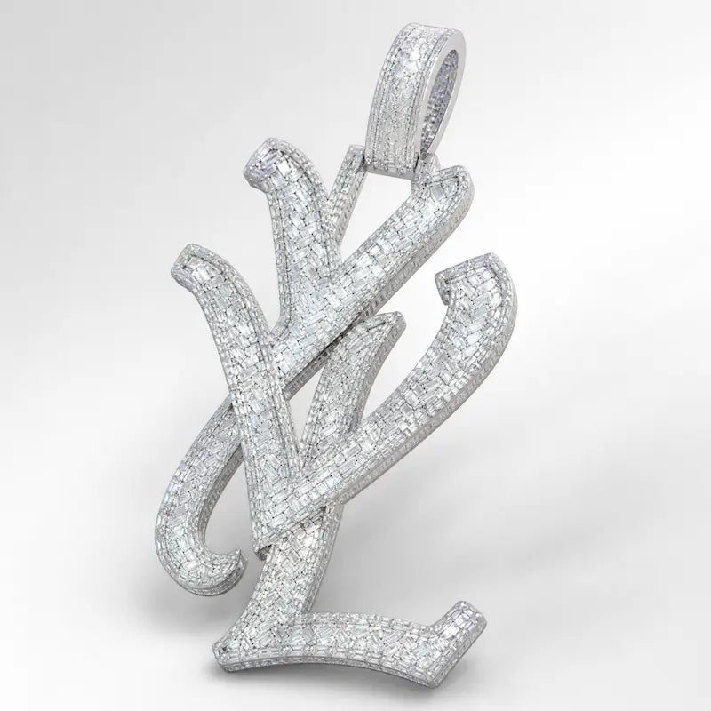 Iced out baguette YVL pendant with moissanite or CZ stones, prong settings, and hip hop style finish - Side view