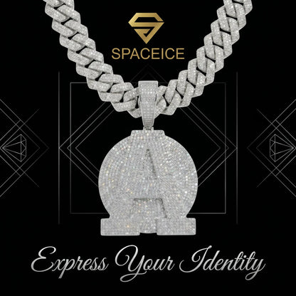 Custom Iced Out Initial A Pendant with Hand-Set CZ Stones, Big Round Letter A Medallion Necklace, Silver Miami Cuban Chain Hip Hop Men Personalized Jewelry