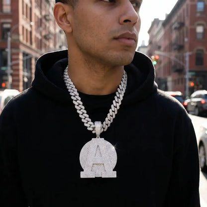 Custom Iced Out Initial A Pendant with Hand-Set CZ Stones, Big Round Letter A Medallion Necklace, Silver Miami Cuban Chain Hip Hop Men Personalized Jewelry