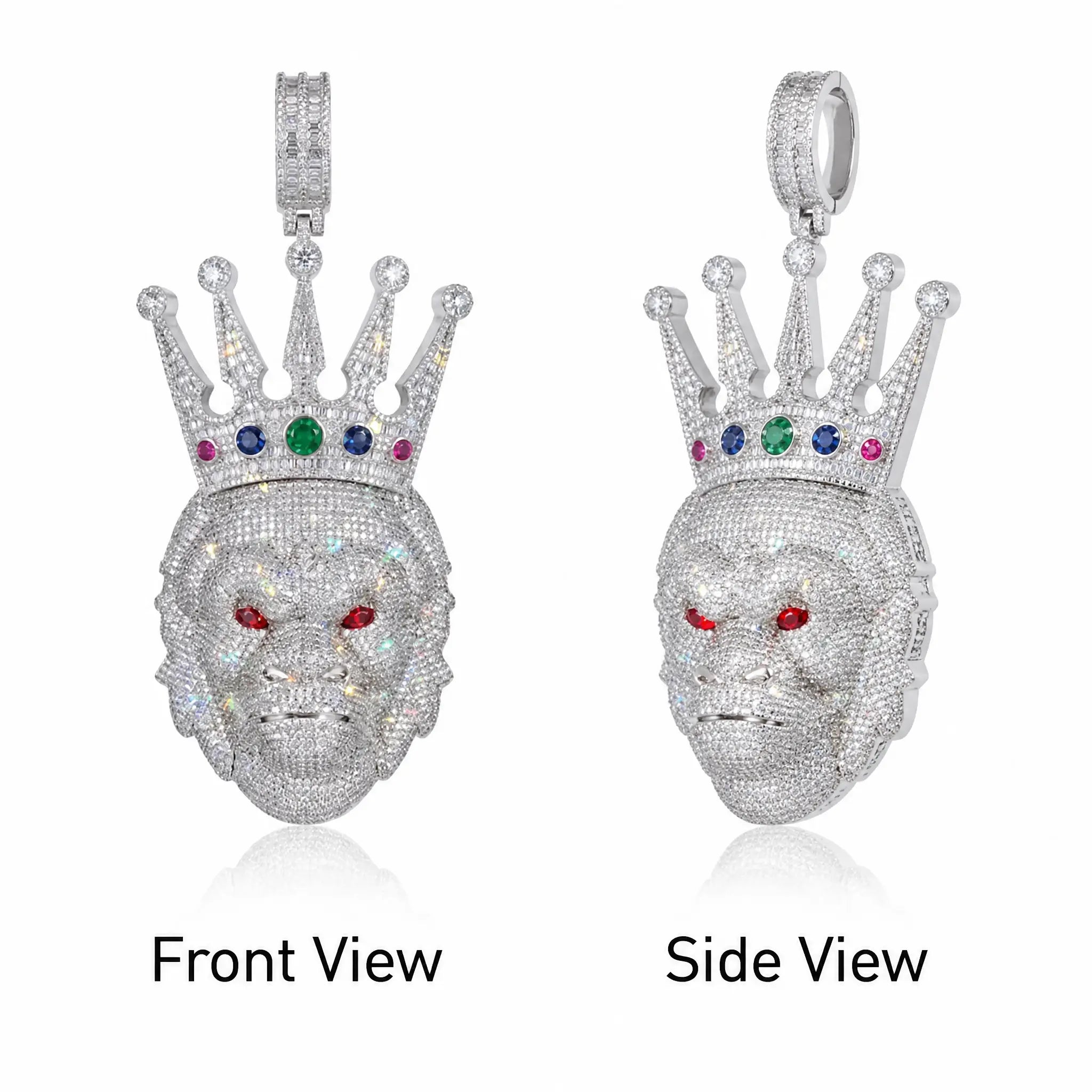 Iced Out Crown Gorilla Head Pendant -Front and side views