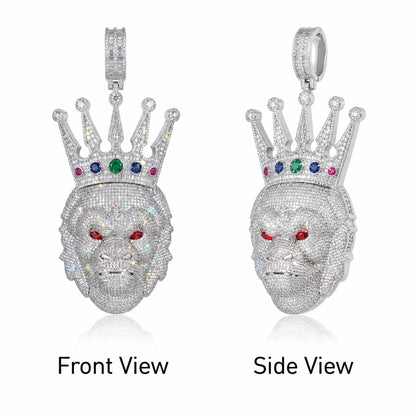 Iced Out Crown Gorilla Head Pendant -Front and side views