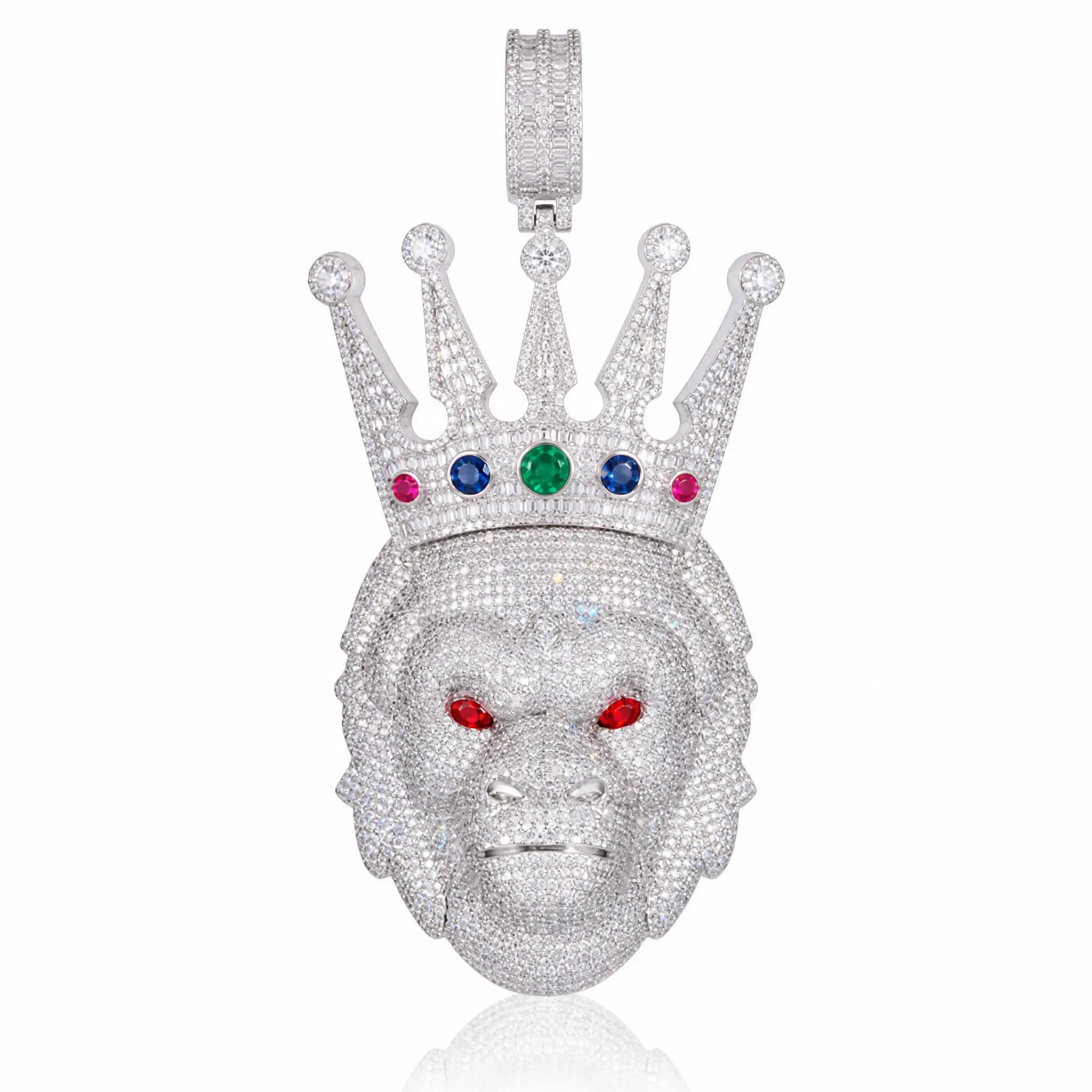 Iced Out Crown Gorilla Head Pendant - White Gold