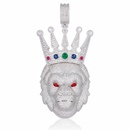 Iced Out Crown Gorilla Head Pendant - White Gold