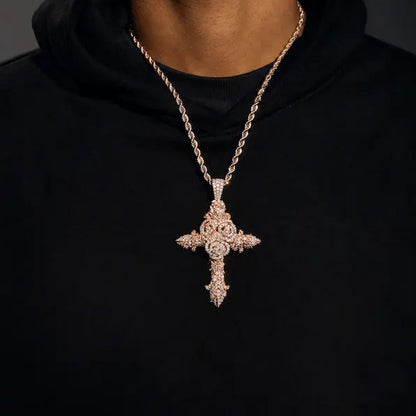 SPACEICE Moissanite Iced Out Rose Cross Pendant,Silver Plated Floral Cross Charm, Hip Hop Bling Religious Necklace Pendant for Men