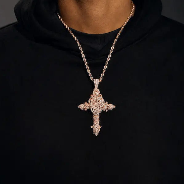 SPACEICE Moissanite Iced Out Rose Cross Pendant,Silver Plated Floral Cross Charm, Hip Hop Bling Religious Necklace Pendant for Men