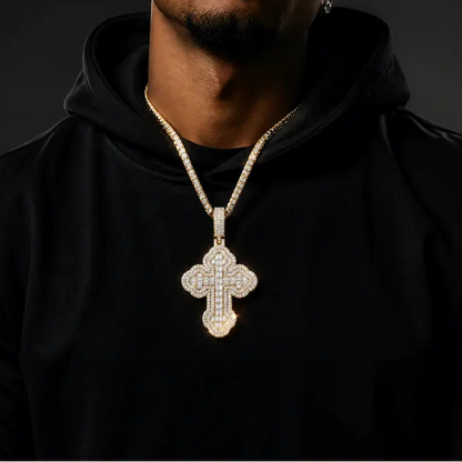 40mm baguette moissanite cross pendant with iced out religious design and gold-plated finish