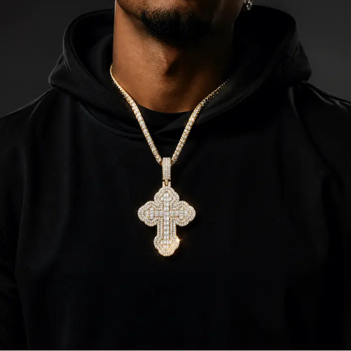40mm baguette moissanite cross pendant with iced out religious design and gold-plated finish