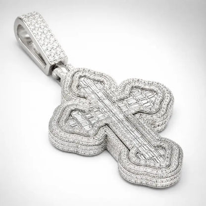 40mm baguette moissanite cross pendant with iced out religious design and gold-plated finish - Side view