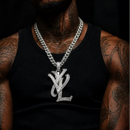 Iced out baguette YVL pendant with moissanite and CZ stones, prong settings, and hip hop style finish - On-model view
