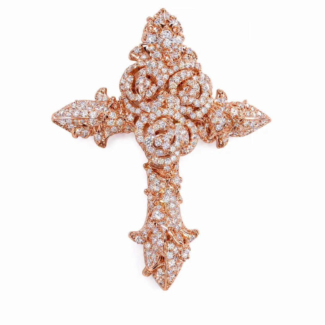 SPACEICE Moissanite Iced Out Rose Cross Pendant,Silver Plated Floral Cross Charm, Hip Hop Bling Religious Necklace Pendant for Men - Rose gold