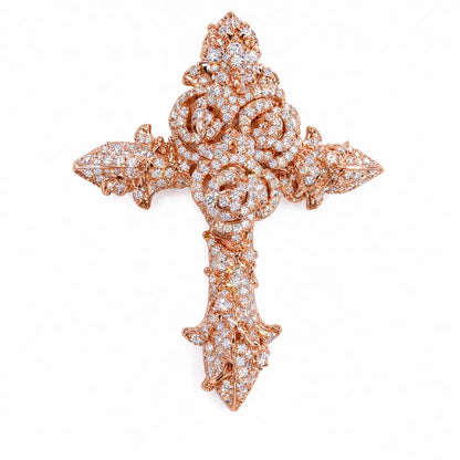 SPACEICE Moissanite Iced Out Rose Cross Pendant,Silver Plated Floral Cross Charm, Hip Hop Bling Religious Necklace Pendant for Men - Rose gold