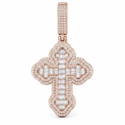 40mm baguette moissanite cross pendant with iced out religious design and gold-plated finish - Rose gold