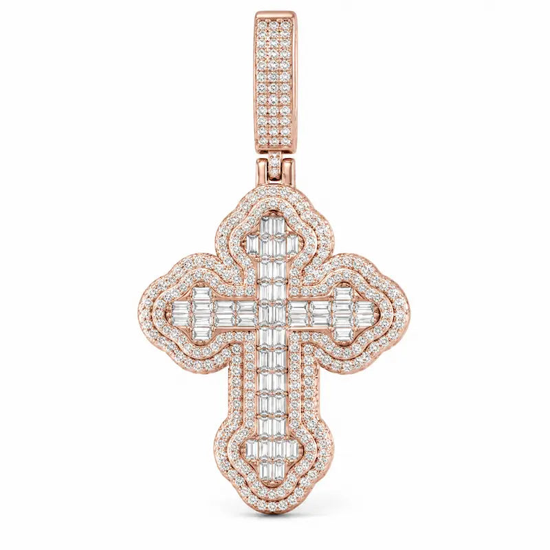 40mm baguette moissanite cross pendant with iced out religious design and gold-plated finish - Rose gold