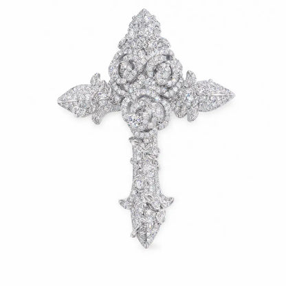 Moissanite iced out rose cross pendant with silver-plated floral detailing and compact men's religious hip hop style - Platinum