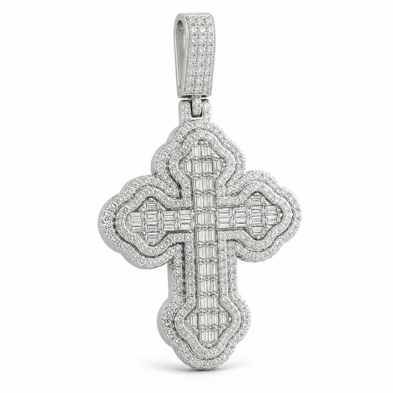 40mm baguette moissanite cross pendant with iced out religious design and gold-plated finish - Platinum