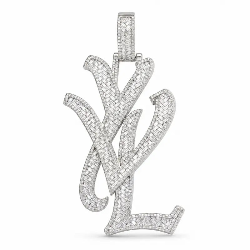 Iced out baguette YVL pendant with moissanite and CZ stones, prong settings, and hip hop style finish