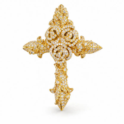 SPACEICE Moissanite Iced Out Rose Cross Pendant,Silver Plated Floral Cross Charm, Hip Hop Bling Religious Necklace Pendant for Men - Gold