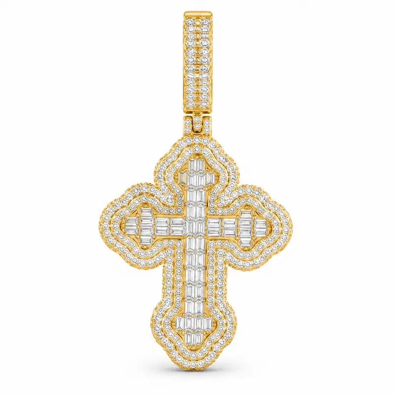 40mm baguette moissanite cross pendant with iced out religious design and gold-plated finish - Gold
