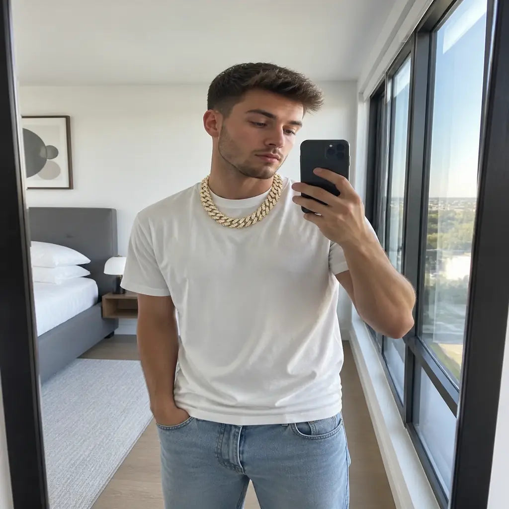 Iced Out Moissanite Eagle Cuban Link Chain – Casual mirror selfie
