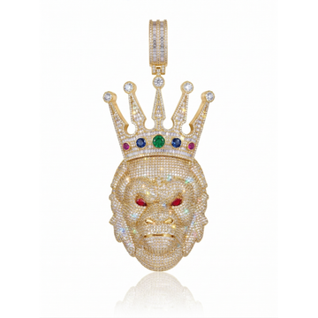 iced out crown gorilla head pendant gold cubic zirconia hip hop necklace