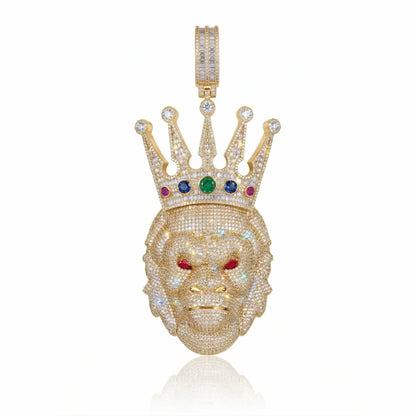 Iced Out Crown Gorilla Head Pendant – Hand-Set Hip Hop Statement Necklace for Men & Women