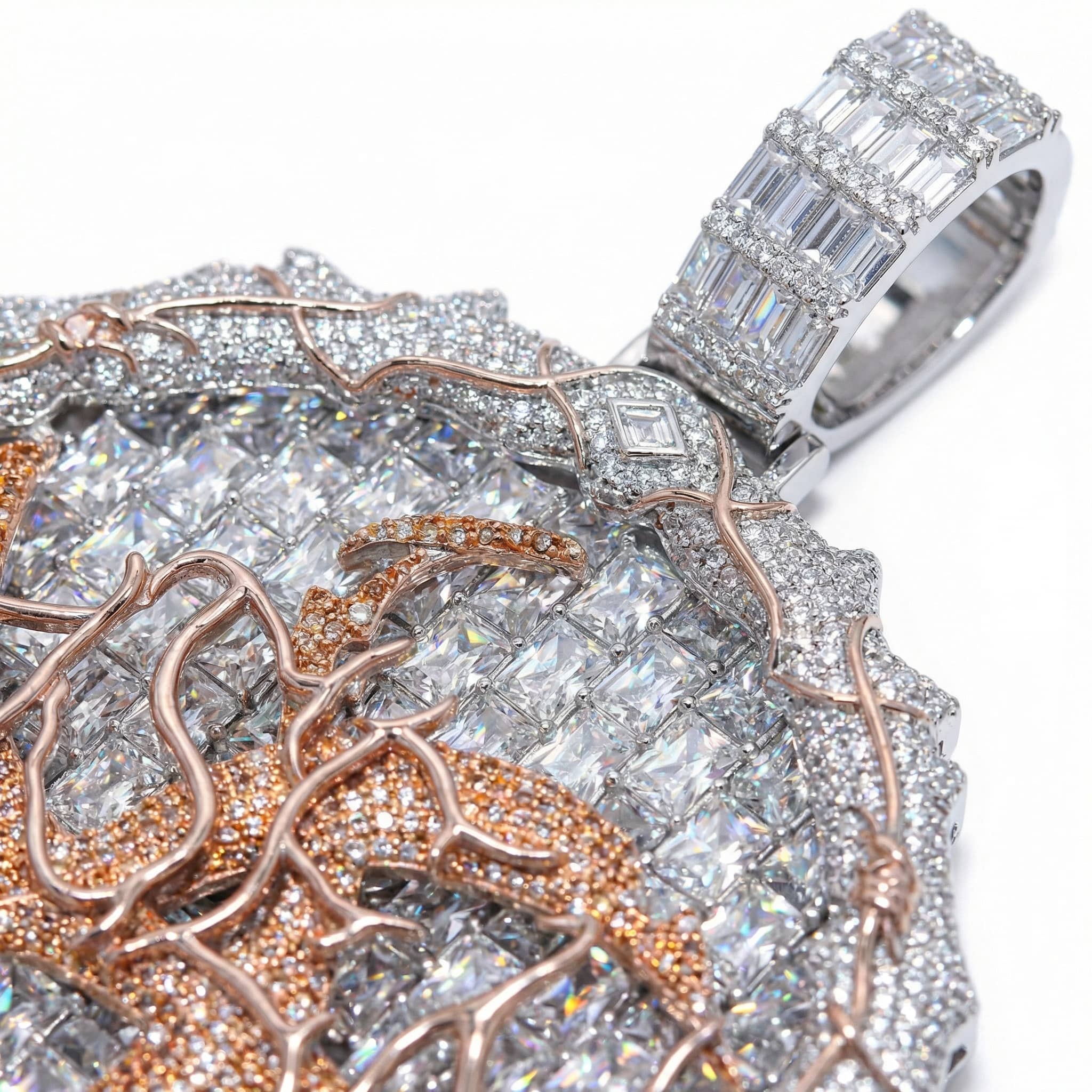 Iced out dragon pendant oversized bail detail with two-tone finish