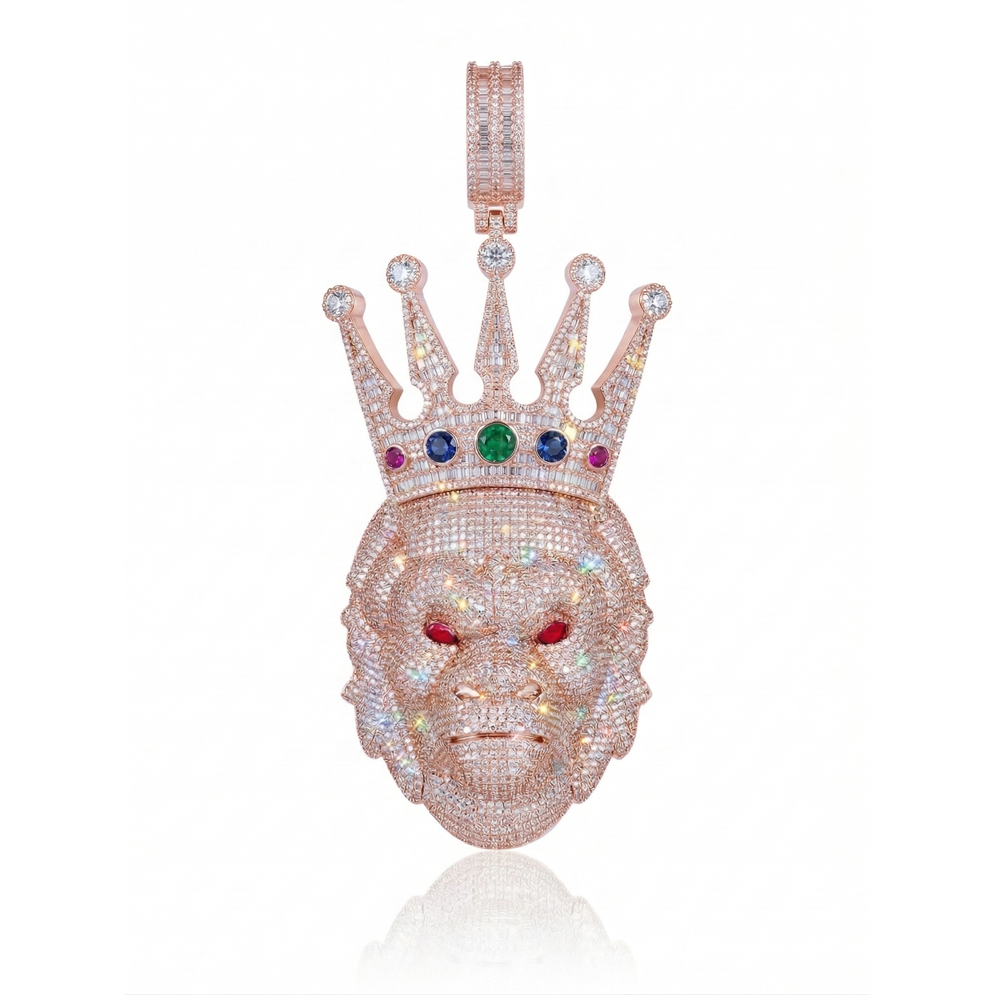 gold iced out gorilla head pendant with crown cubic zirconia detailed design