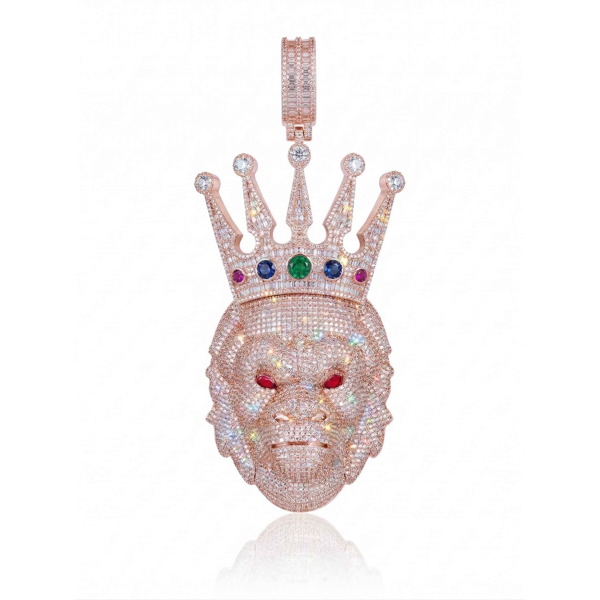 gold iced out gorilla head pendant with crown cubic zirconia detailed design
