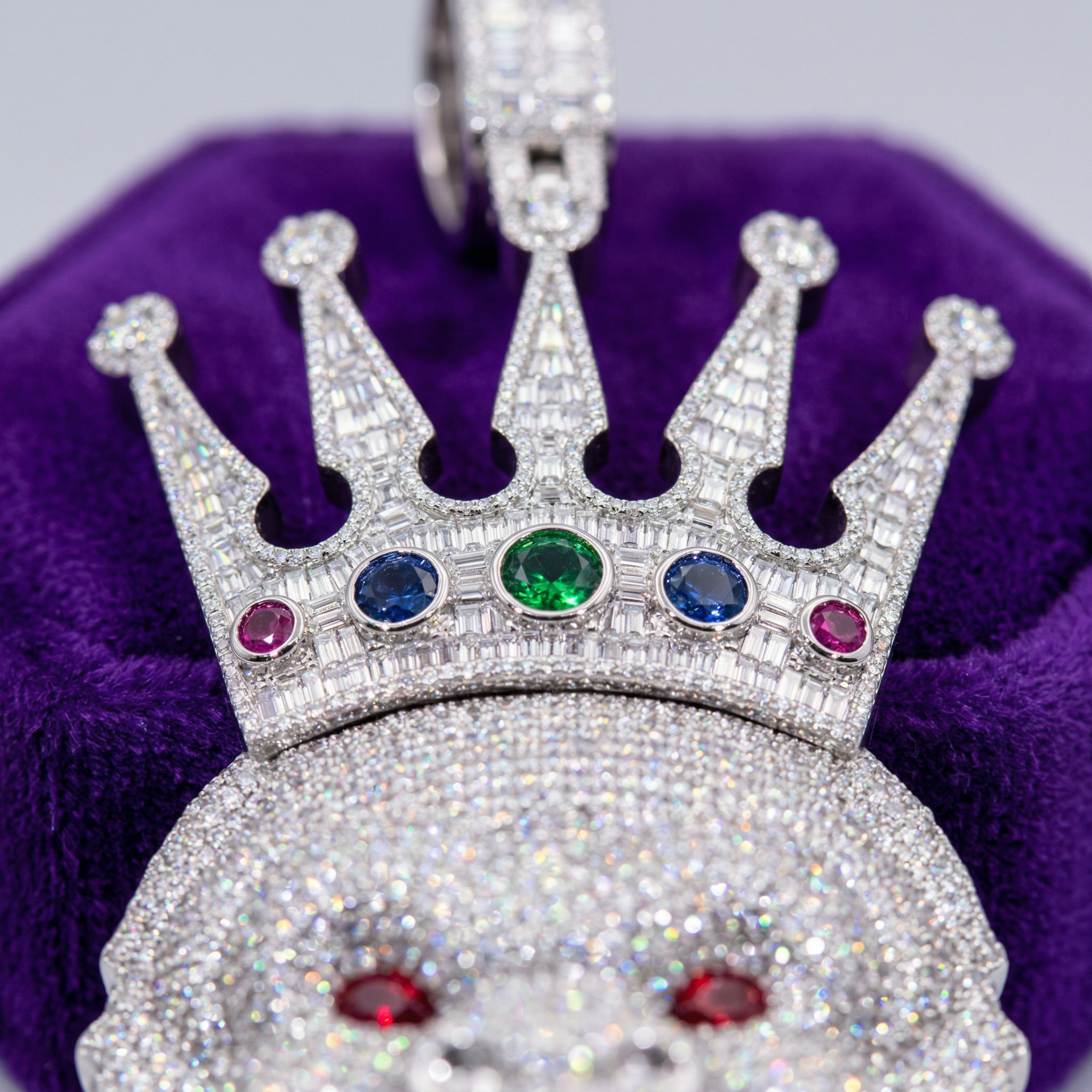 iced out gorilla pendant crown detail cubic zirconia stones close up