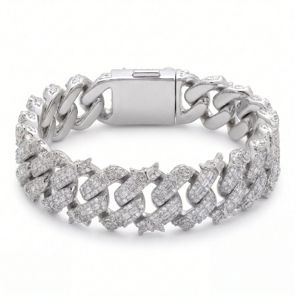 White Gold Iced Out Eagle Cuban Link Bracelet with fully iced Cuban links and luxury hip hop styling