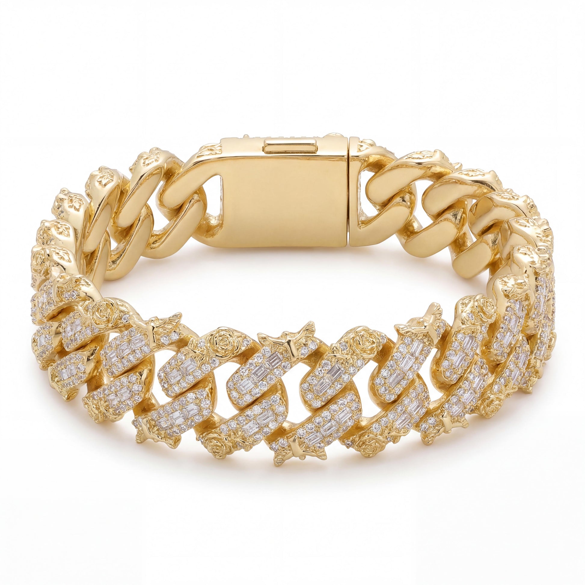 Iced Out Eagle Cuban Link Bracelet in Yellow Gold with flooded CZ stones and oversized Cuban links