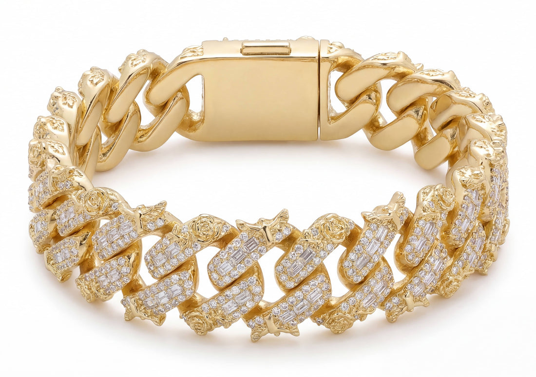 Iced Out Moissanite Eagle Cuban Link Bracelet in Yellow Gold with VVS moissanite stones and custom eagle detailing