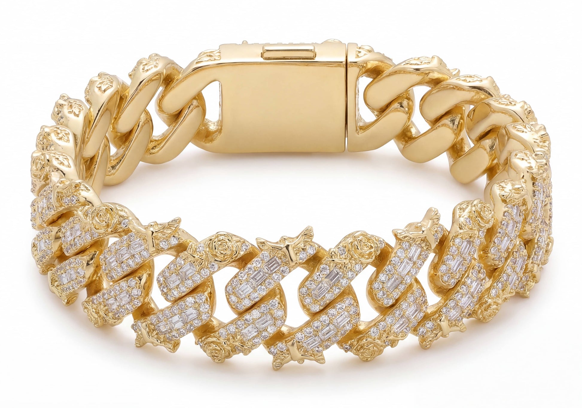 Iced Out Moissanite Eagle Cuban Link Bracelet in Yellow Gold with VVS moissanite stones and custom eagle detailing