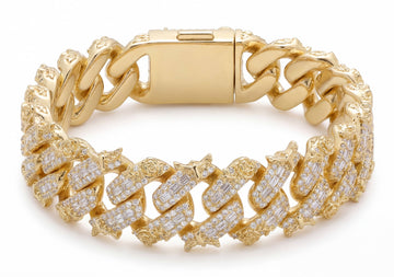 Iced Out Moissanite Eagle Cuban Link Bracelet in Yellow Gold with VVS moissanite stones and custom eagle detailing