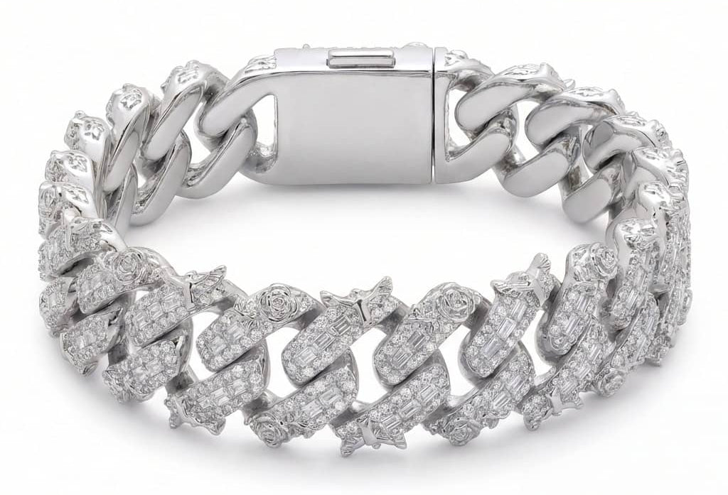 White Gold Moissanite Eagle Cuban Link Bracelet featuring flooded VVS moissanite stones and oversized Cuban links