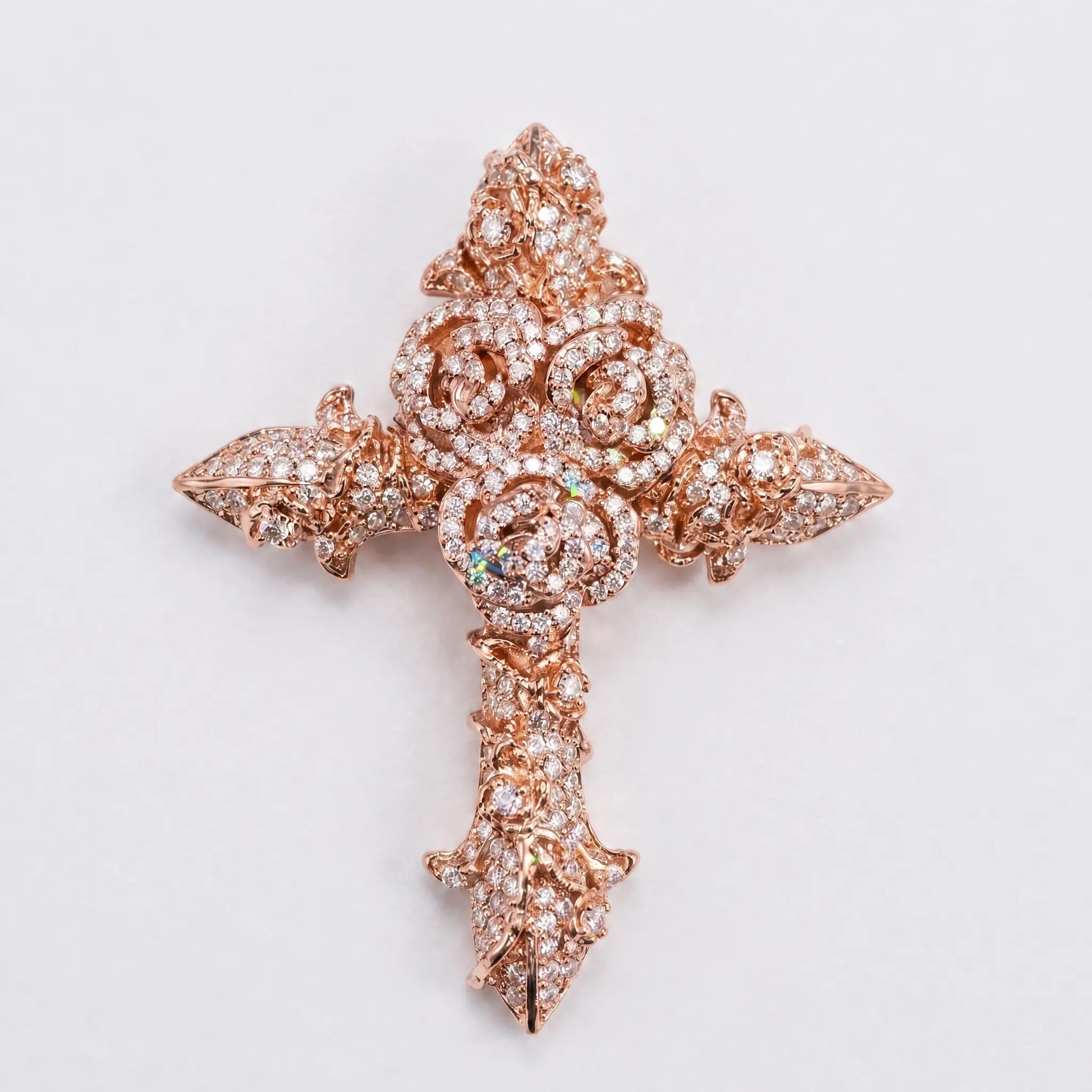 SPACEICE Moissanite Iced Out Rose Cross Pendant,Silver Plated Floral Cross Charm, Hip Hop Bling Religious Necklace Pendant for Men - Rose gold