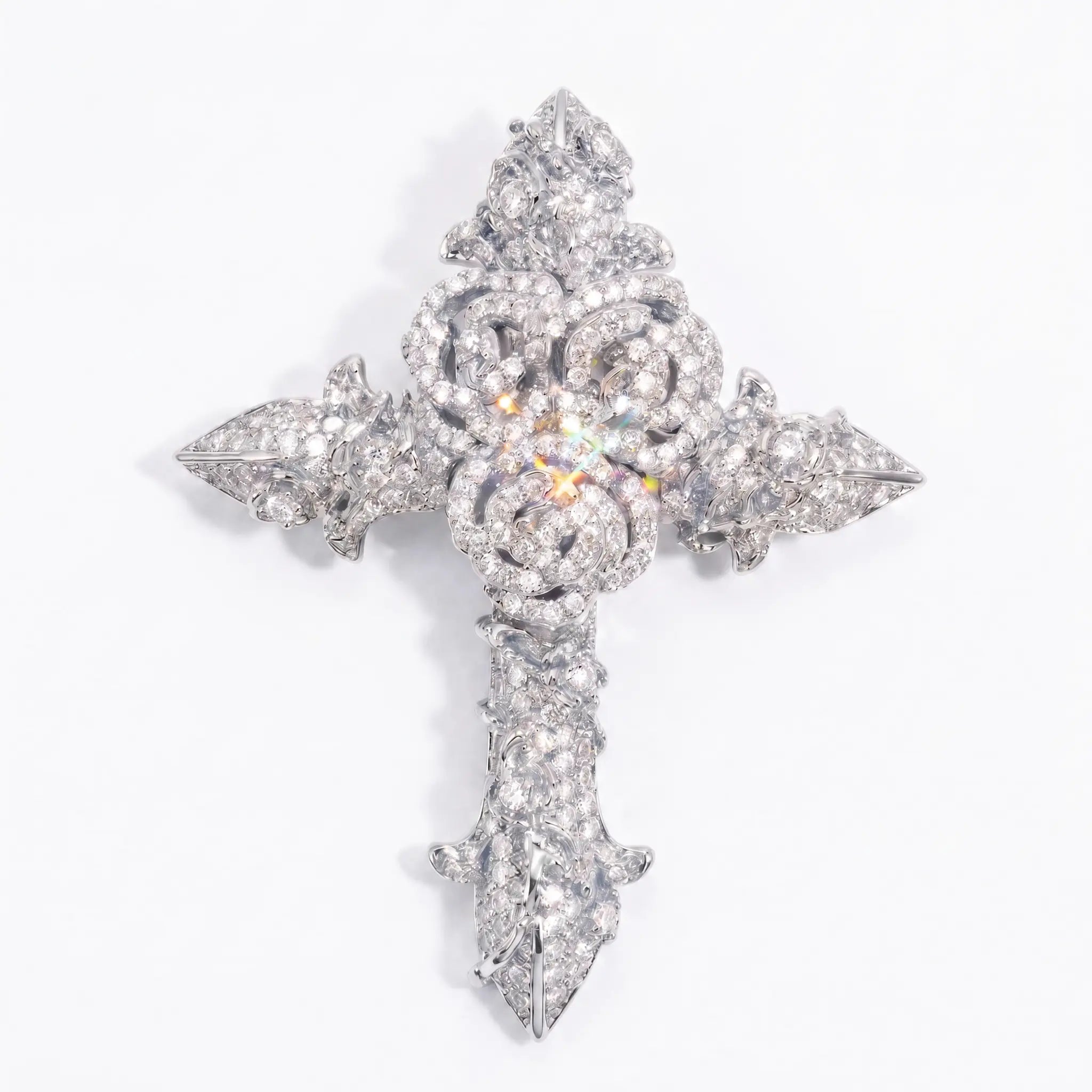 Moissanite iced out rose cross pendant with silver-plated floral detailing and compact men's religious hip hop style - Platinum